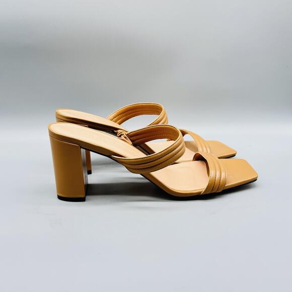 J CREW Sandals Womens 12 Beige Leather Mule Block Heel Square Toe Comfort Summer - Picture 1 of 12